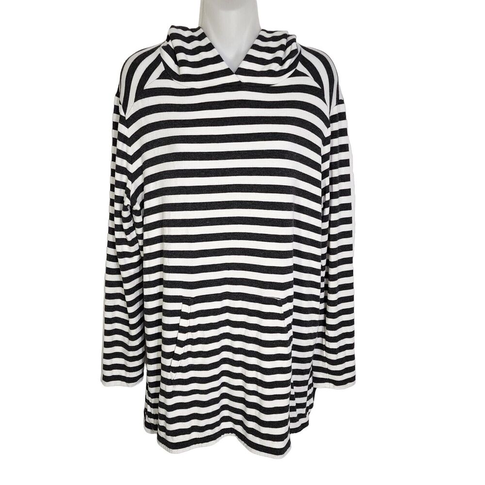 Lou & Grey Hooded Pullover Sweater Medium Gray White Striped Pocket Long Sleeve